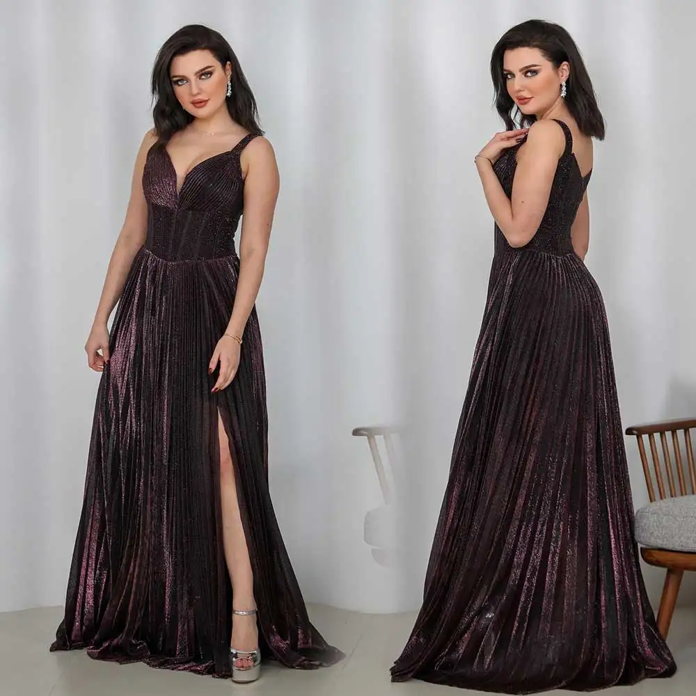 

Exquisite A-line Prom Gown Deep V-neck Pleated Backless High Slit Saudi Arabian Women's Fashion Zipper Sweep Train Evening Dress