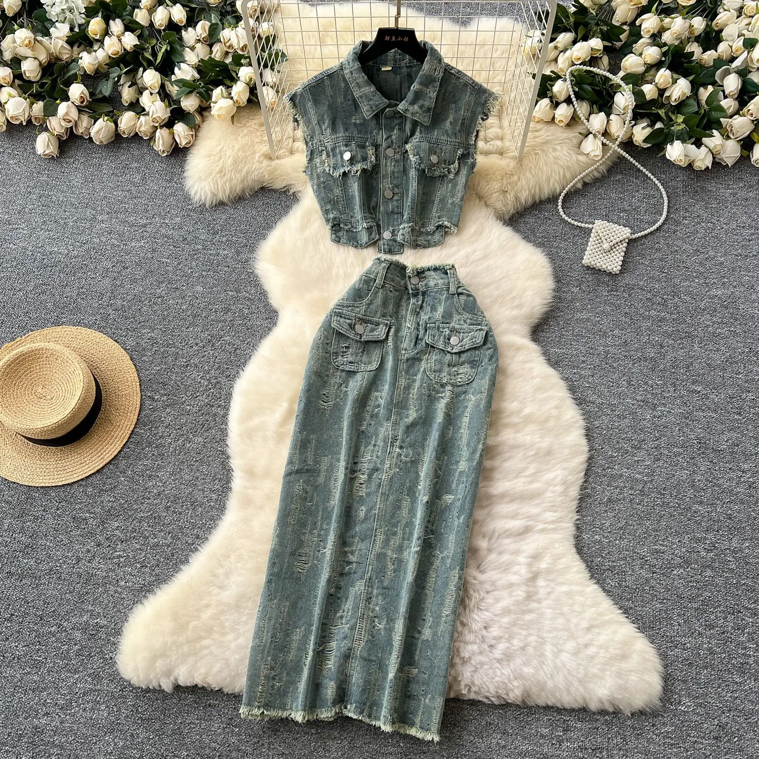 

Hong Kong-style Fashionable Women Denim Suit. New Summer Ripped Sleeveless Denim Top + High Waist Hip Wrap Half Body Long Skirts