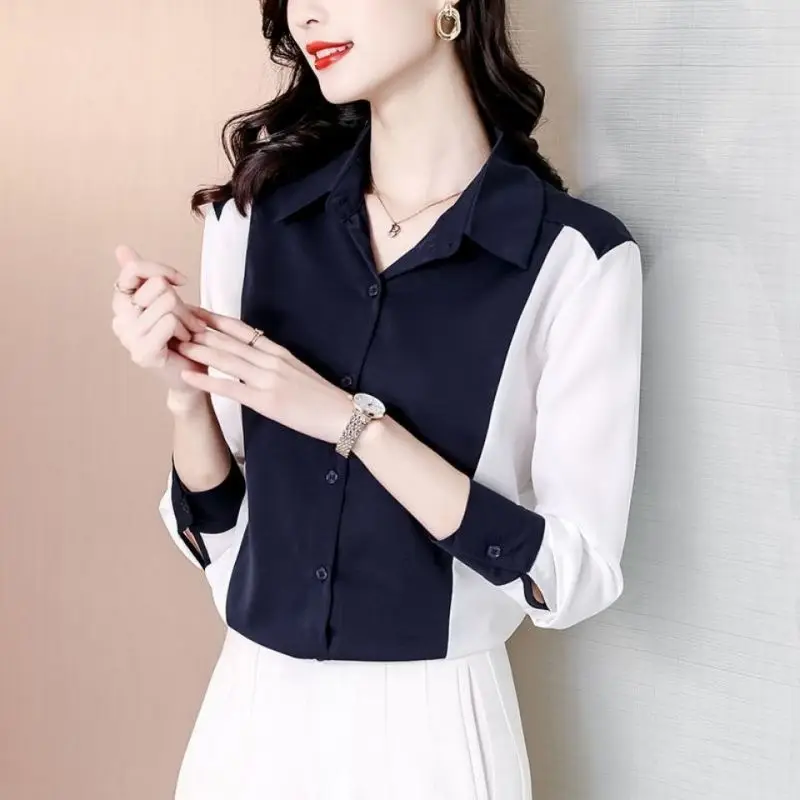 Elegant Lapel Button Spliced Loose All-match Shirt Women\'s Clothing 2023 Spring New Casual Tops Long Sleeve Office Lady Blouse