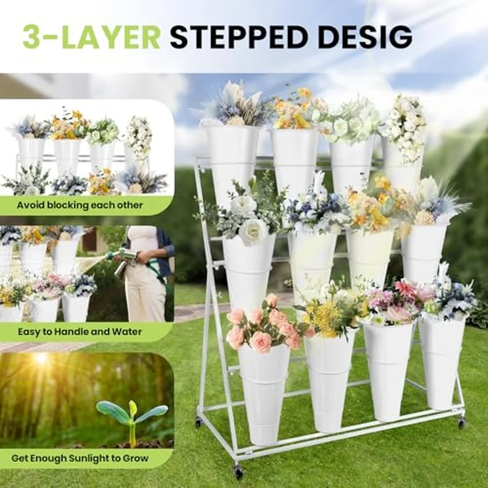 Flower Display Stand with Buckets 3 Layers 12PCS Buckets Metal Flower Cart Display Stand with Wheels for Patio Garden
