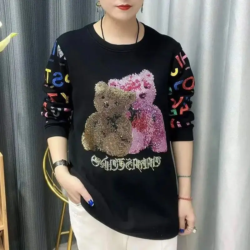 Spring New Fashion Loose Bear Diamond round Neck Long Sleeve Women's Sweatshirt Casual Style Comfortable Fit T-Shirt