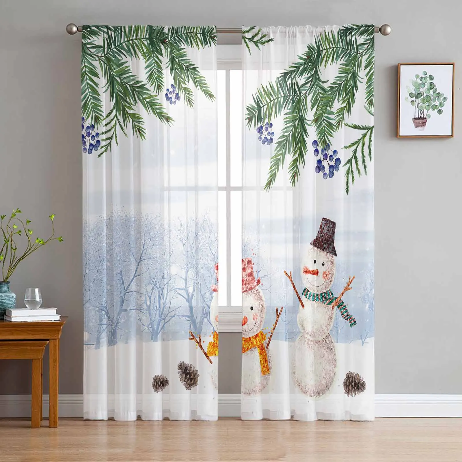 Christmas Plants Pine Berries Pinecone Snowman Sheer Curtains For Living Room Modern Valance Curtains For Kitchen Tulle Curtains