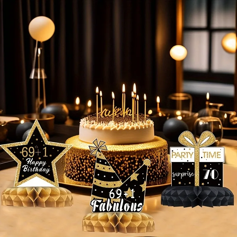 70. Geburtstag Wabendekor-Set, Schwarz-Gold Themen-Tischdekoration mit Kronen- & Champagner-Design für Geburtstagsfeier – Detail 2