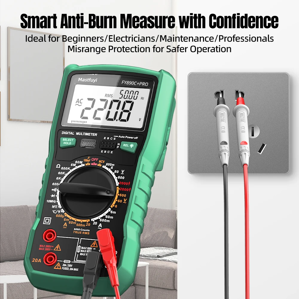 MASTFUYI Digital Multimeter 6000 Counts True RMS 20A /2000V AC/DC NCV Capacitance for Electrician PV Solar Mining Industrial Use