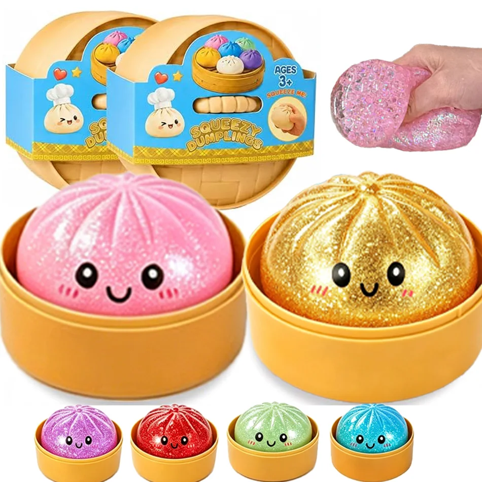 New 1-12pcs Glitter Dumpling Glitter Dumpling Squishy with Box Dumplings Sensory Squeeze Toy for Stress Relief