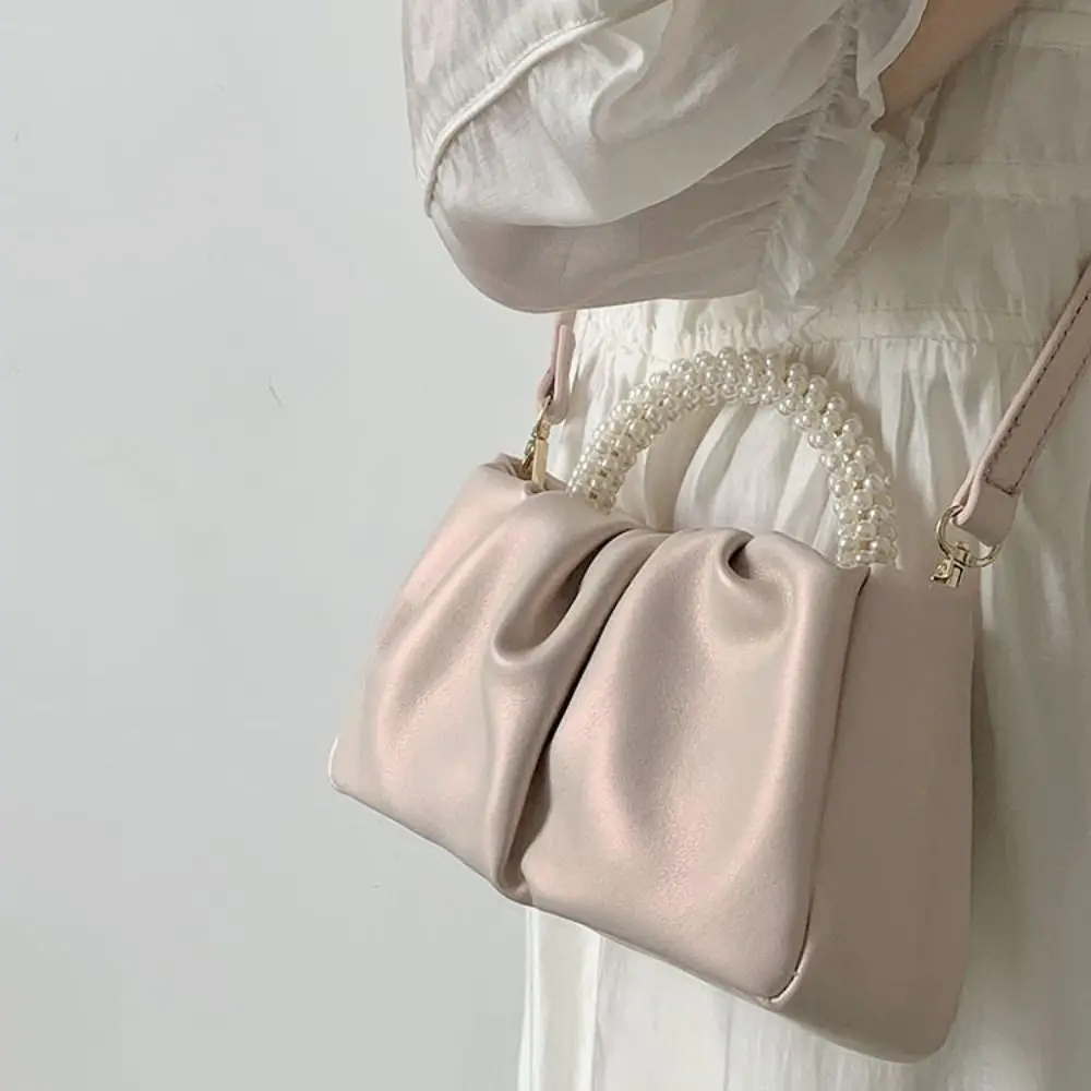 

PU Pleated Cloud Bag Carrying Solid Color Pearl Handle Handbag Minimalist Large Capacity Women Crossbody Bag Female Lady Girl