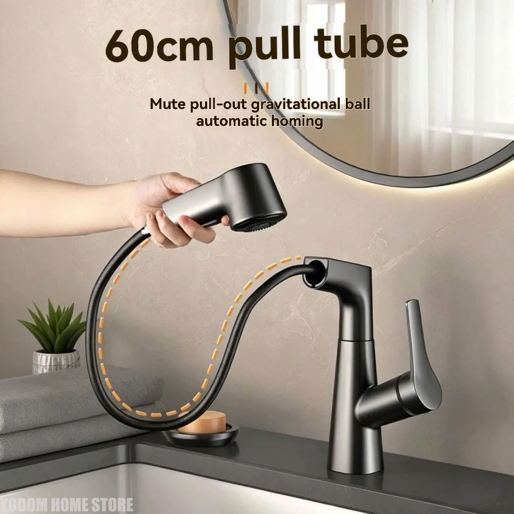 New Modern Sink Tap Pull Out Rotary Structure Two Outlet Modes Stable Hot Cold Control Elegant Household Bathroom Basin Faucet