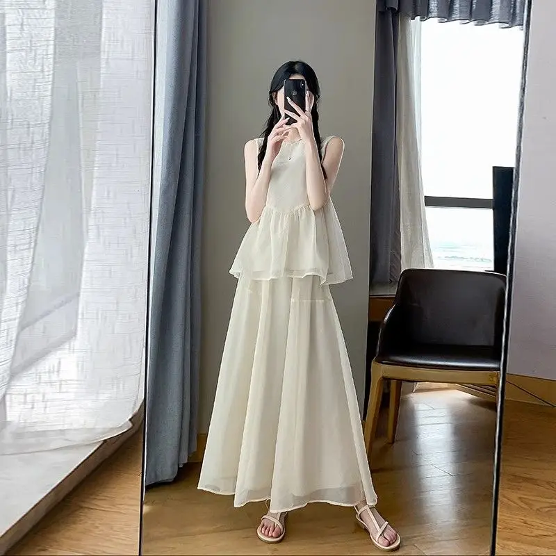 

Women's Two Skirt Piece Set Sleeveless Top and Bottom Elegant Casual Chic Stylish Korean Style Long Maxi Skirt Female Outfits