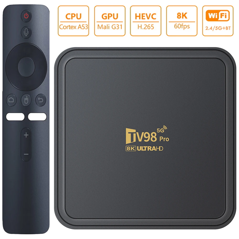 Boîtier TV TV98 PRO RL H313, Android 14.0, 8K, Façade, Core 2.4G, 5G, Décodeur, Lecteur MultiXXL BT avec Télécommande Vocale, Wifi, pour Touriste