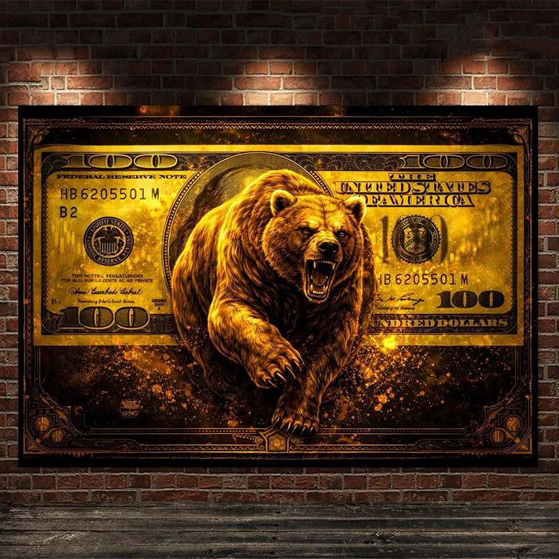 Affiche Murale Boursière : Tableau Toile Grand Format HD, Motif Taureau et Ours Dorés, Décoration Murale Moderne pour Salon et Maison