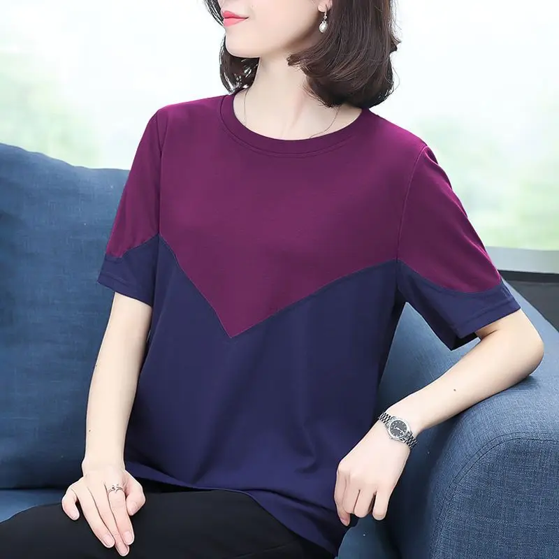 

Summer Women's Casual Fashion Elegant Commuter Round Neck Loose Color blocked Splicing Bright Thread Decoration Pure Cotton Top