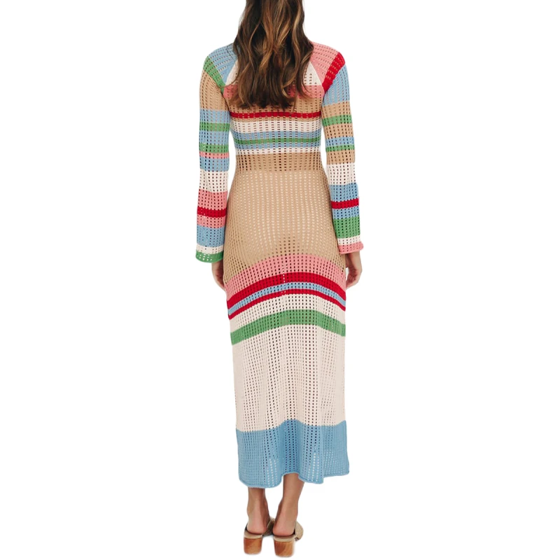 Women Casual Knit Crochet Long Dress Striped Long Sleeve Hollowed Color Block Bodycon Street Party Midi Dress