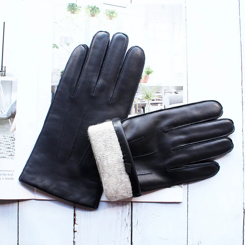 

Imported Sheepskin Gloves Men's Black Leather Fashion Striped Style Wool Lining Motorcycle Riding Driving Finger Gloves