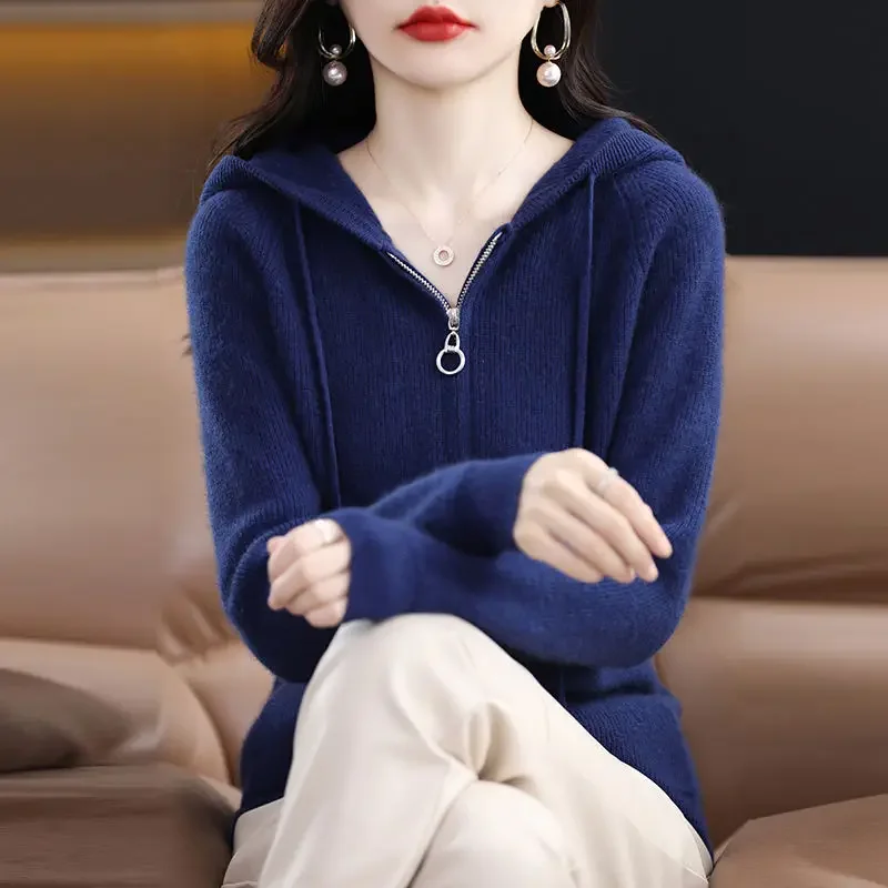 Fashion Woman Blouses 2023 Knitted Hooded Long Sleeve Commuter Vintage Casual All-match Solid Color Zipper Sweaters Cardigan