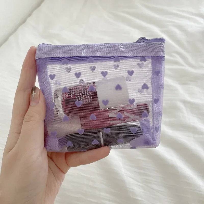 Heart Printed Mesh Make Up Bag Women Cosmetic Storage Bag Travel Organizer Holder Purse Purple Clear Sanitary Napkin Pad Bags