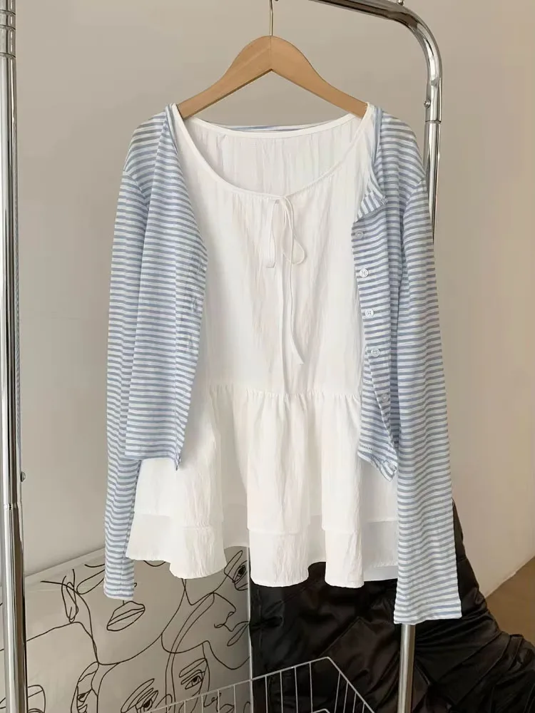 

Корейский комплект из 2 предметов, простой кардиган в полоску с защитой от солнца + милый бандаж, свободный жилет с рюшами, женская модная летняя повседневная одежда