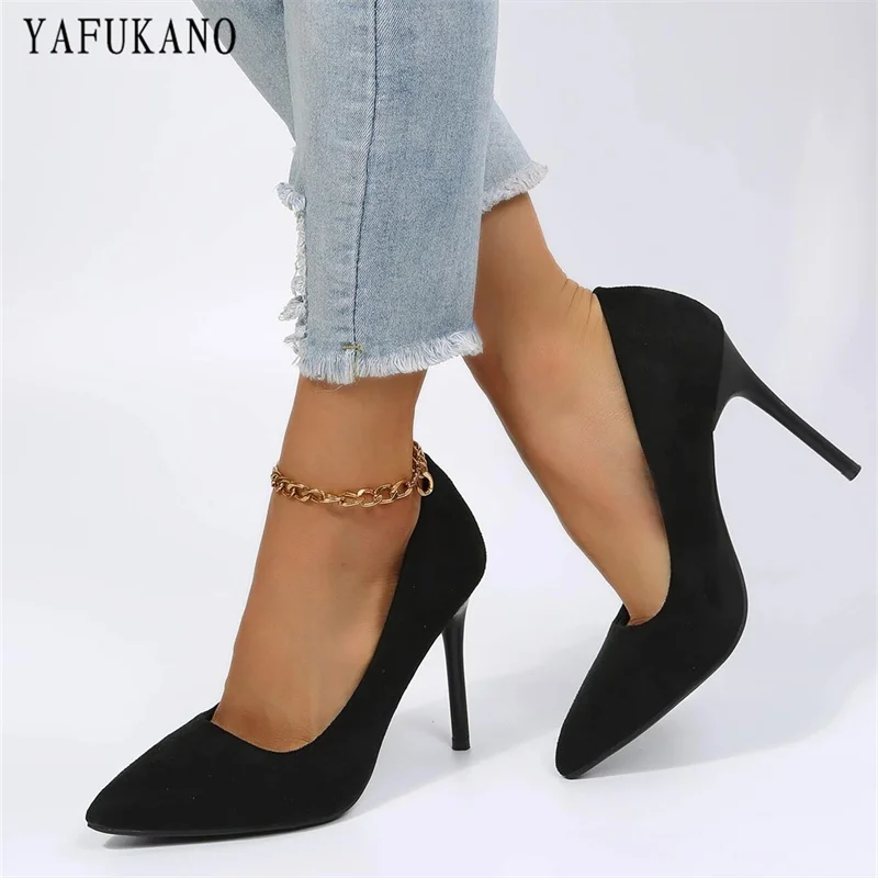 Fashion Point Toe Solid Flock Stiletto High Heels 10Cm/7Cm Sexy Women Pumps Elegant Ladies Office Work Shoes Small Size 33