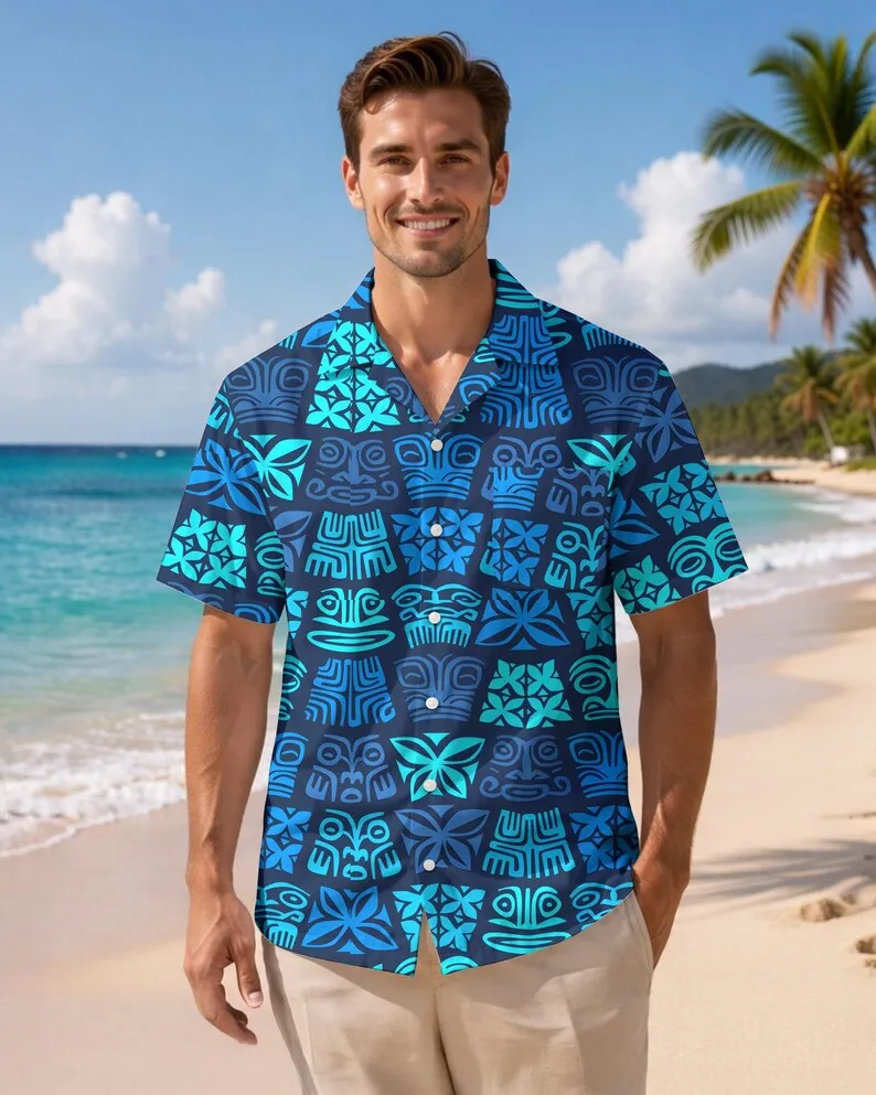 

Men's Brown Tribal Plumeria Hawaiian Shirt Polynesian Flower Print Short Sleeve Button Down Beach Shirt Vacation Aloha Shirts