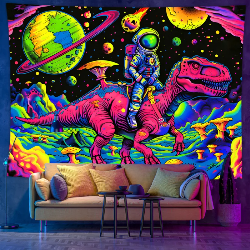 VIKAMA Blacklight Tapestry, UV Reactive Wall Hanging, Psychedelic UFO & Astronaut Dinosaur Print for Trippy Room Home Decor