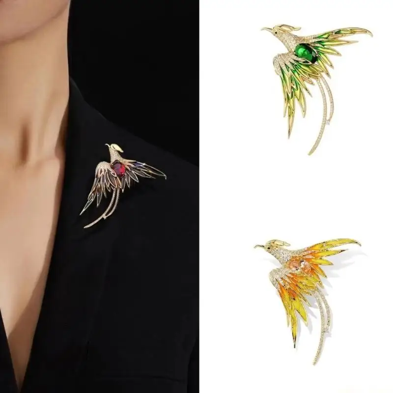 31BF Chinese Lapel Phoenixes Brooch Pin Gold-Tone Enamel Accent for Qipao Sweater Coat Dress Outfit for Women Daily