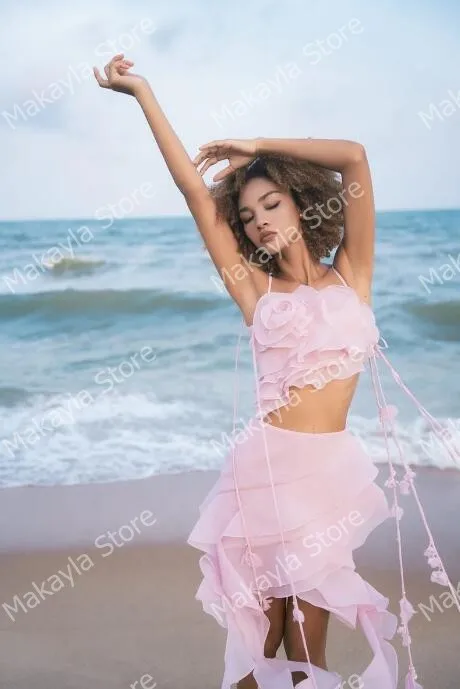 Beach Pink Mesh Cocktail Dresses Chic Spaghetti Strap Flower Tulle Prom Party Gowns Pretty Ruffles Tiered A-line Brithday Dress