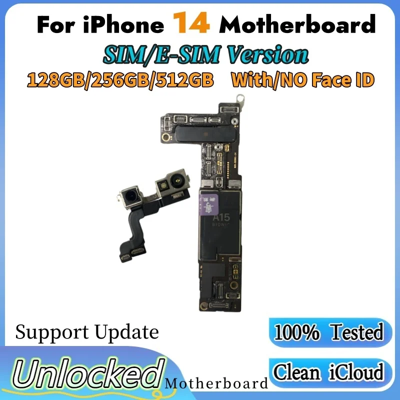 Placa Base con Versión E-SIM/SIM para iPhone 14, iCloud Limpio, Desbloqueado, con/sin Soporte para Face ID, Compatible con Actualizaciones de iOS
