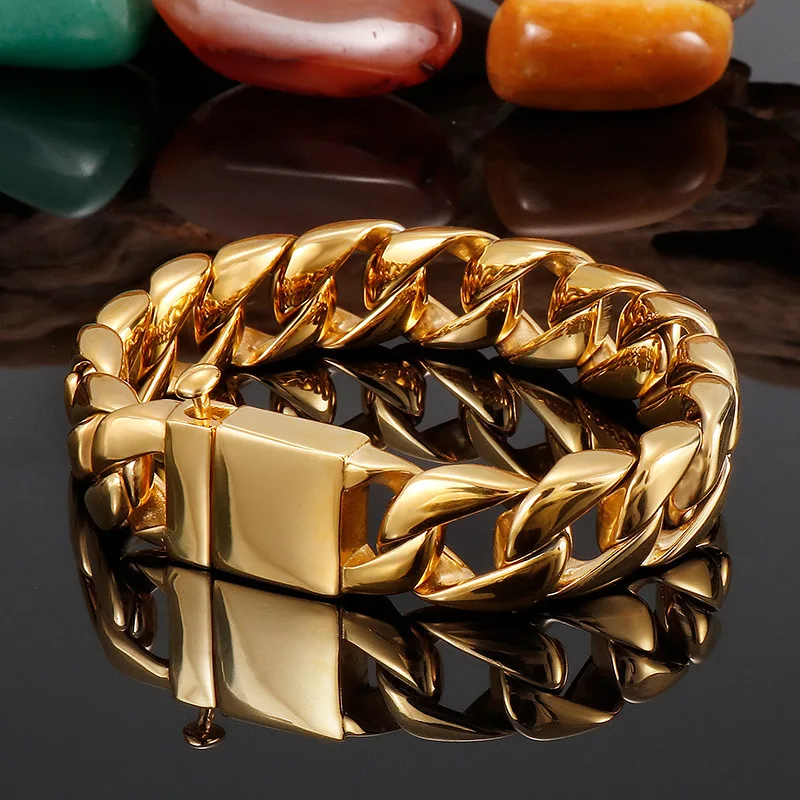 

15mm Punk Miami Gold Silver Color Curb Cuban Chain Bracelet Men Women Hiphop Retro Stainless Steel Biker Bike Bangle Jewelry