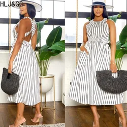 HLJ&GG Elegant Lady Stripe Print Backless Sleeveless A-line Dress Women Round Neck Elastic Waist Loose Vestidos Spring Clothing