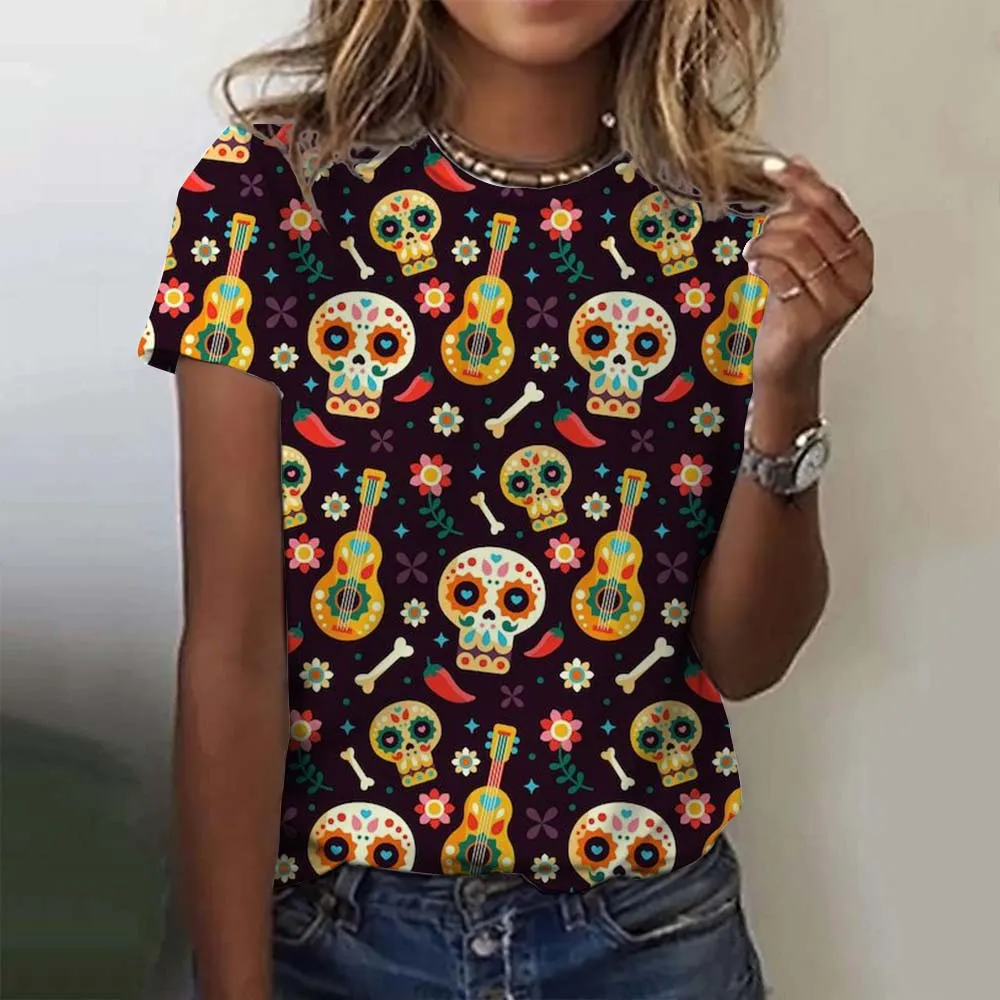 Halloween Funny Sugar Skull Mexican T-shirt Anime Cartoon Anime Mexico Summer Day of the Dead T-shirt For Men Women\'s Tops tees