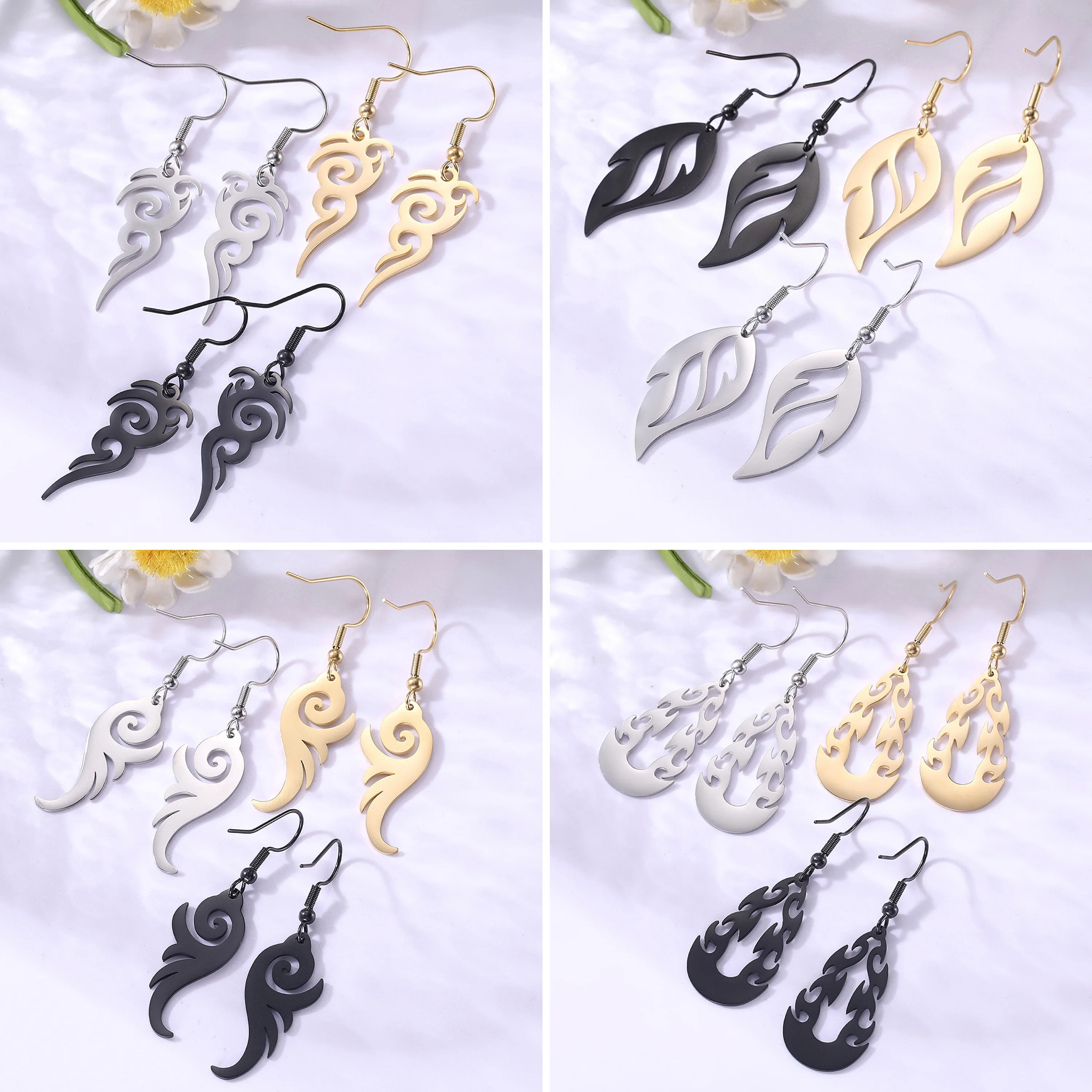 Stainless Steel Tribal Flame Totem Gothic Drop Earrings Black Golden Easter Island Dangle Earring for Women Girls Jewelry Gift