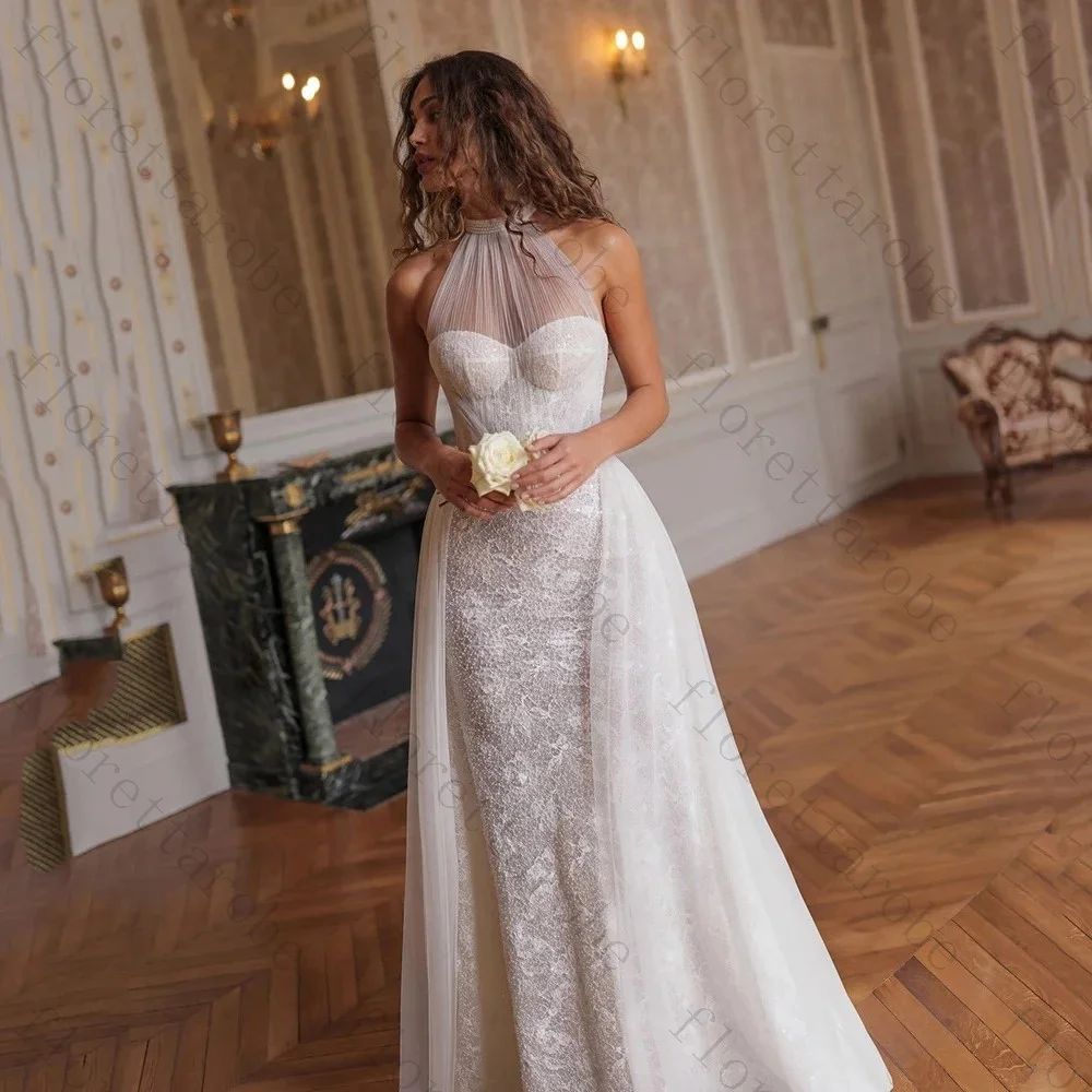 Customized Halter Bridal Dress Fashion Tulle Neckline Sequin Mermaid Wedding Dresses Modern Embroidery Lace Bodice Bride Gowns