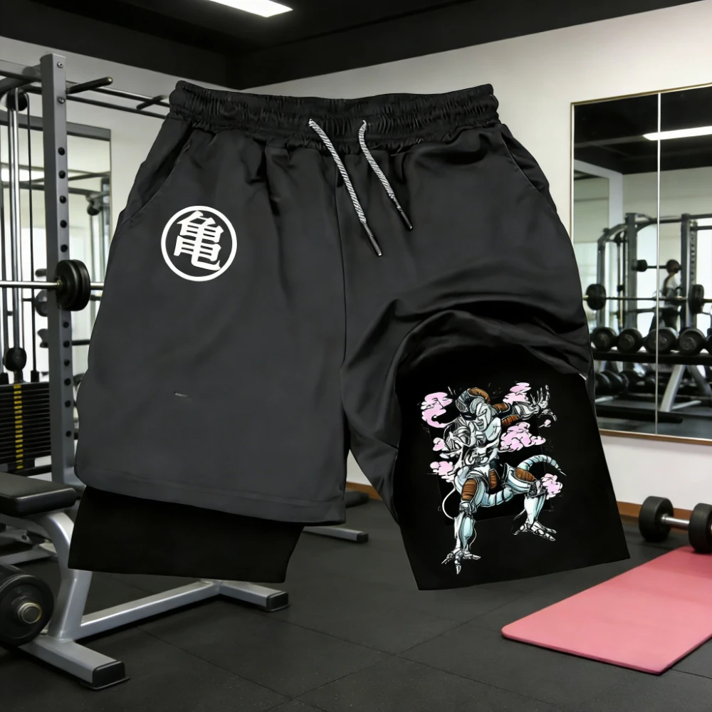 

2026 Summer Dragon Ball Anime Print Double-Layer Shorts for Fitness and Sports High-Quality and Fashionable Casual Men's Shorts