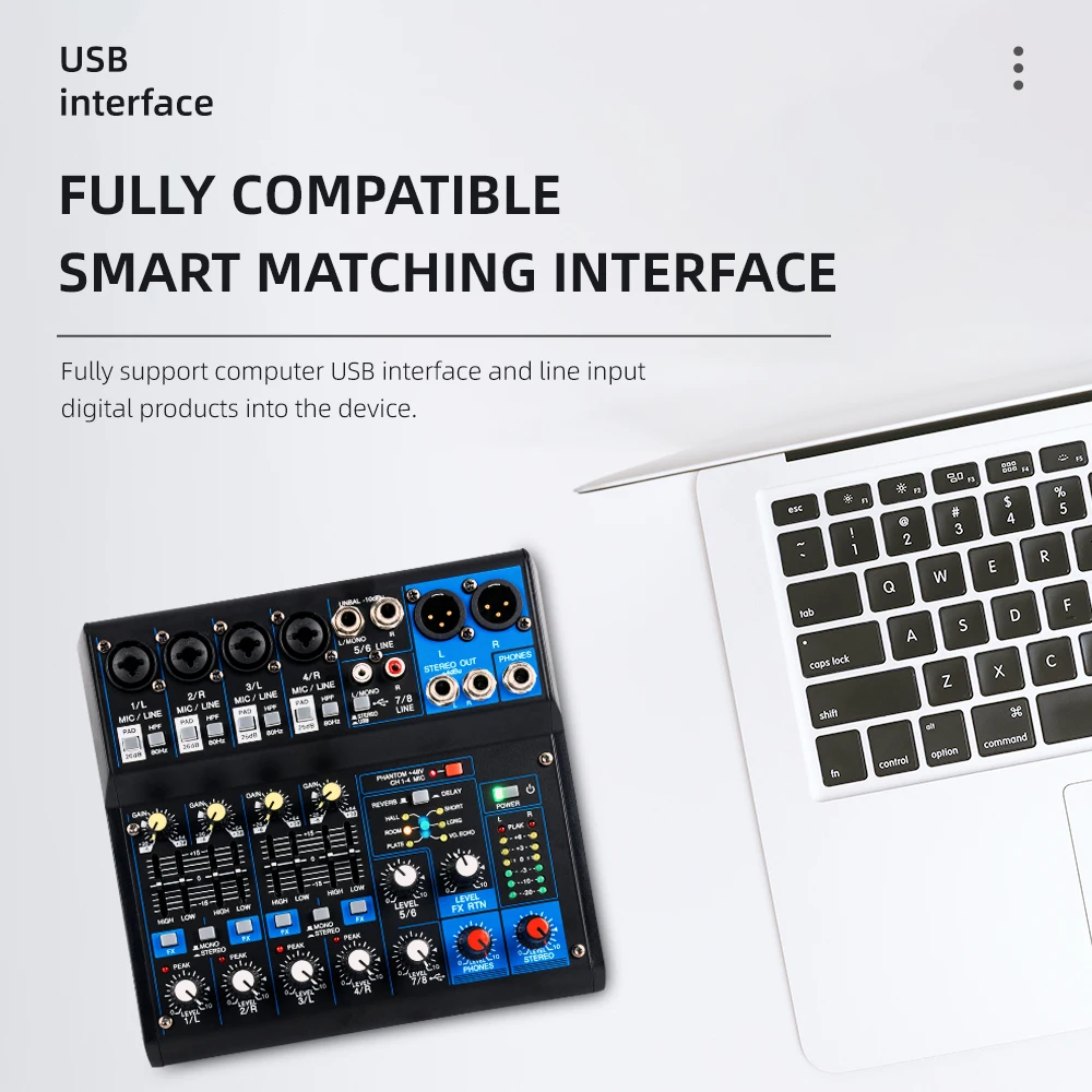 2023 New 6/8 Channel Audio Mixer Portable Sound Mixing Console USB Interface Computer Input 48V Phantom Monitor Audio Recording