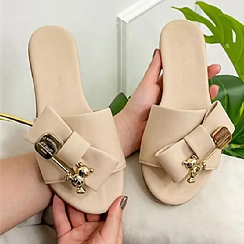 Large Size Flat Denim Sandals Summer New Bear Metal Buckle Bow Anti-slip Wear-resistant Lightweight Flip-flops