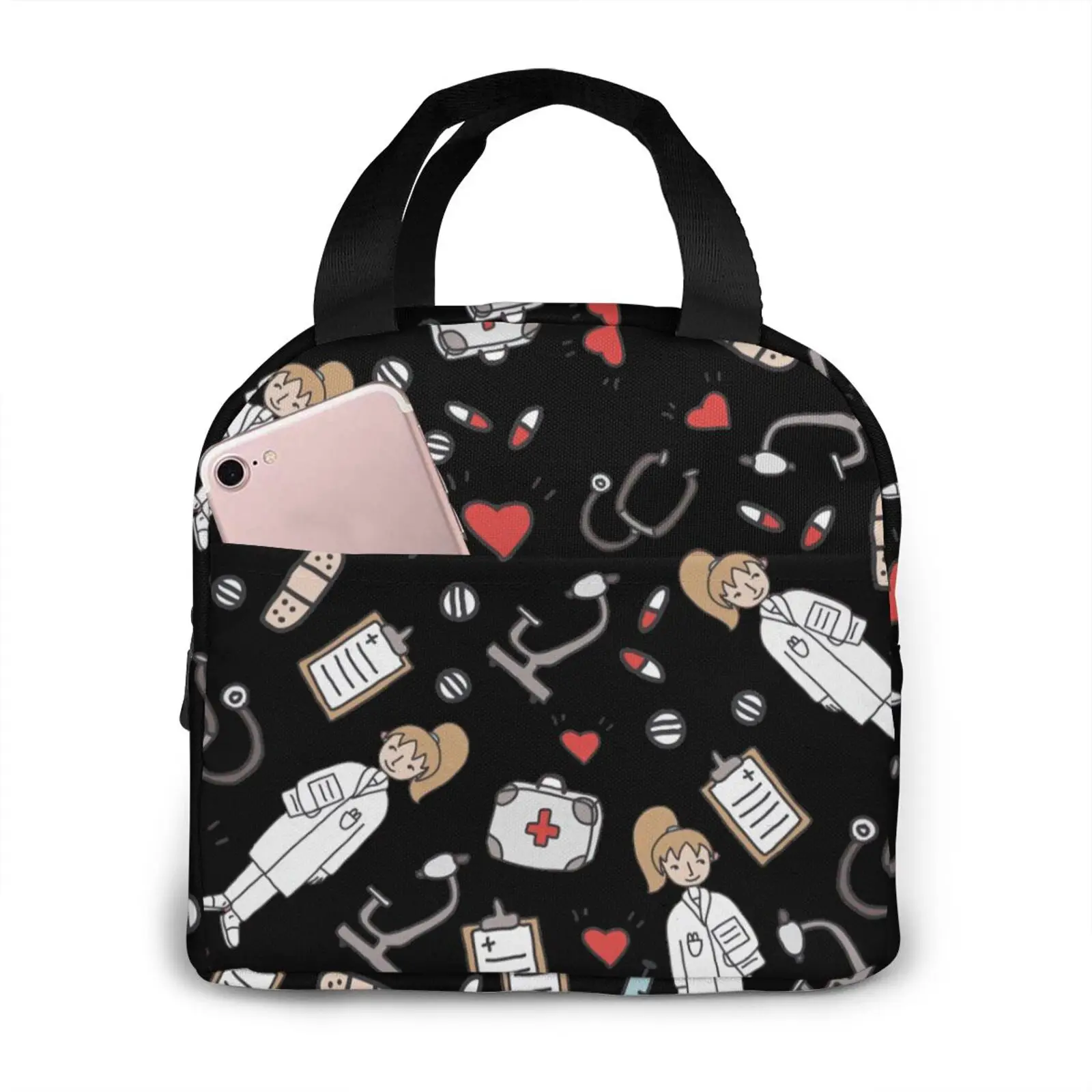 Portable Nurse Bag Insulated Lunch Bags Women Cute Nurse Print Food Case Tote Cooler Bento Bag for Kids Lunch Pouch
