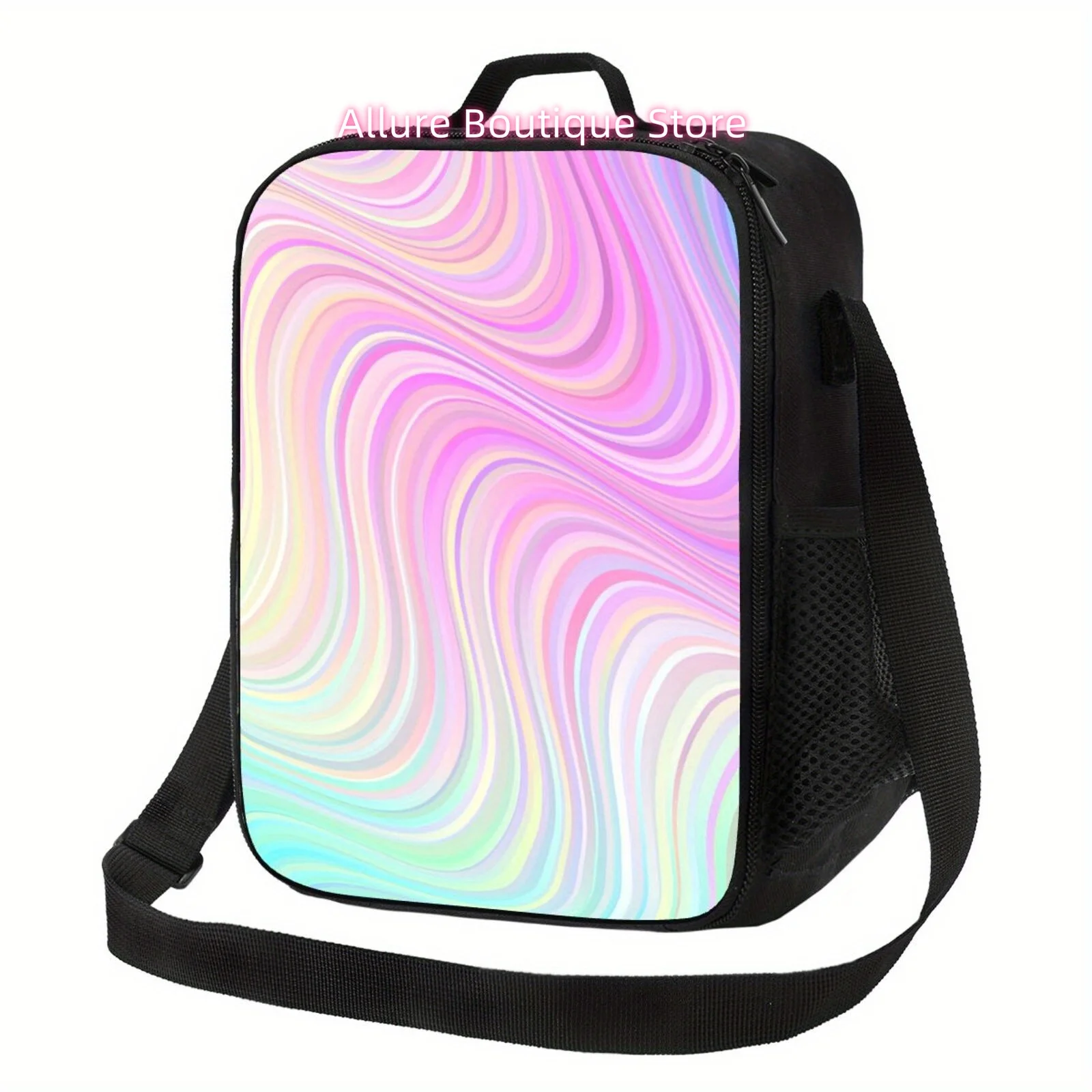 1pc Rainbow Wave Stripes Marble Insulated Lunch Bag - Reusable Bento Tote with Black Handles, Non-Food Contact Polyester Bag for