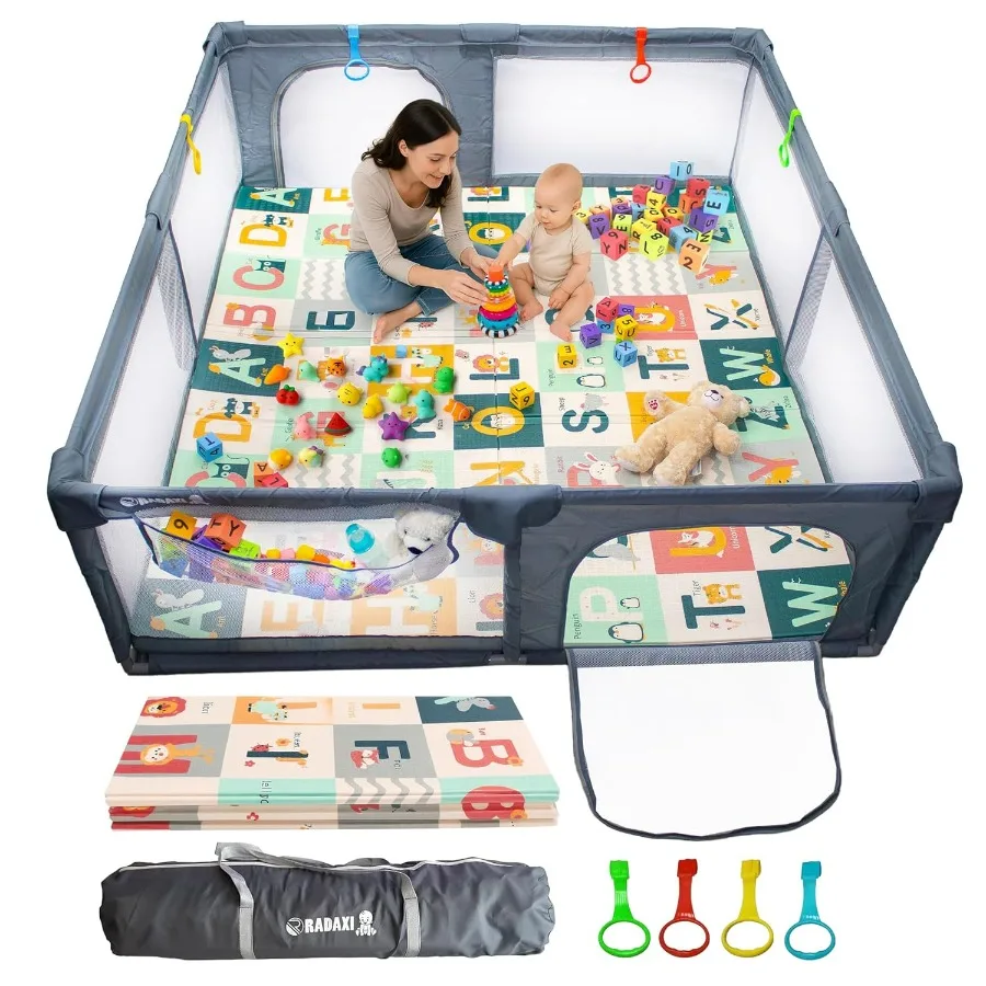 روضة أطفال كبيرة مقاس 71 × 59 بوصة مع شبكة ناعمة قابلة للتنفس وسياج أمان لبوابة بسحاب للاستخدام الداخلي والخارجي سجادة لعب غير قابلة للانزلاق