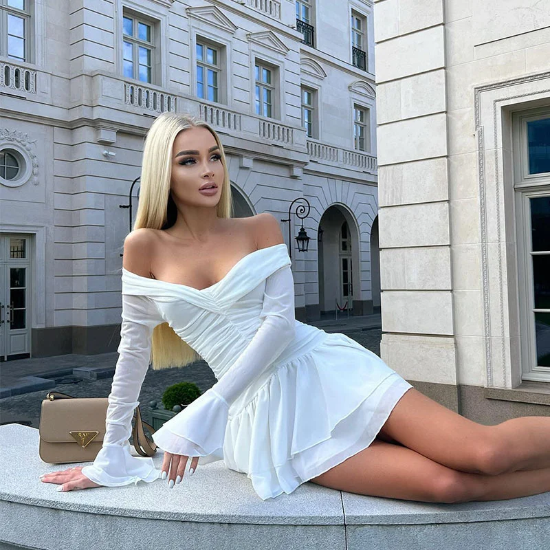 

Sexy Solid A Line Mini Dress For Women Slim Fit Off Shoulder Slash Neck Long Sleeve Party Streetwear Elegant Vestidos Robes New