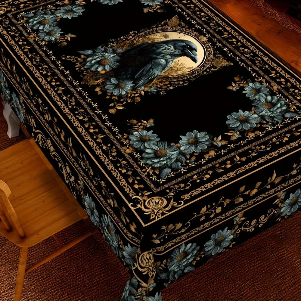 VIKAMA Gothic Raven Tablecloth Black Gold Frame Blue Daisy Victorian Rectangular Dining Table Cover Dark Mysterious Party Decor