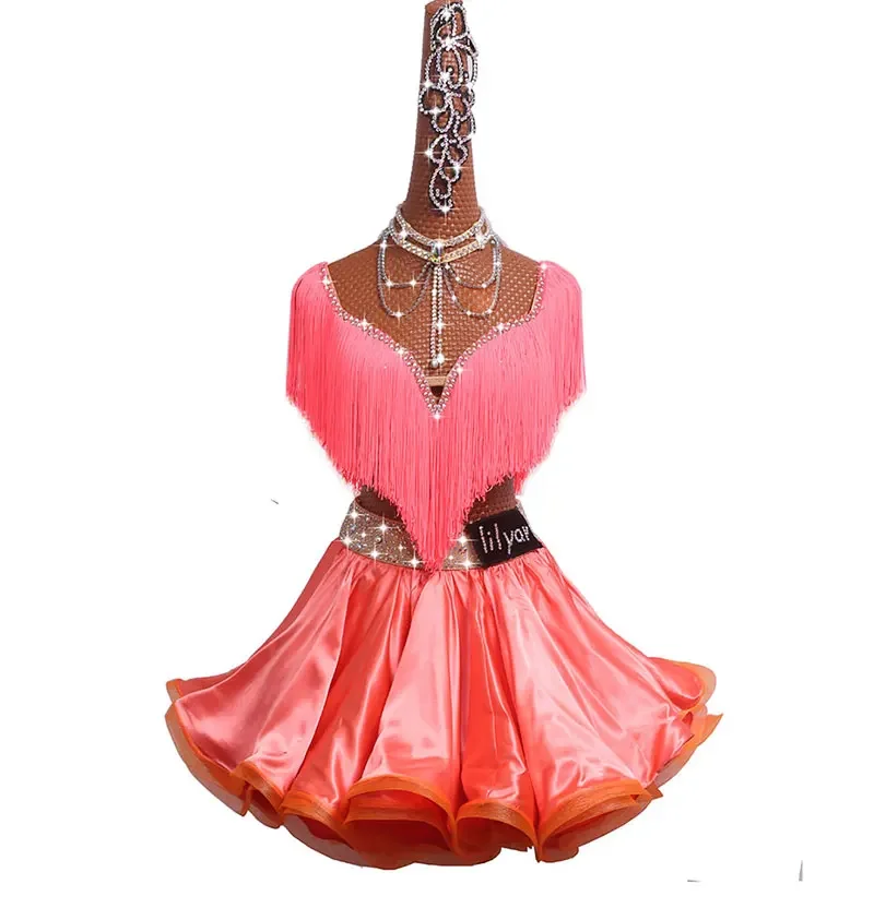 

Latin Dance Competition Dress Performing Dress Princess Skirt, Fish Bone Curling Skirt, Orange Pink Tassels