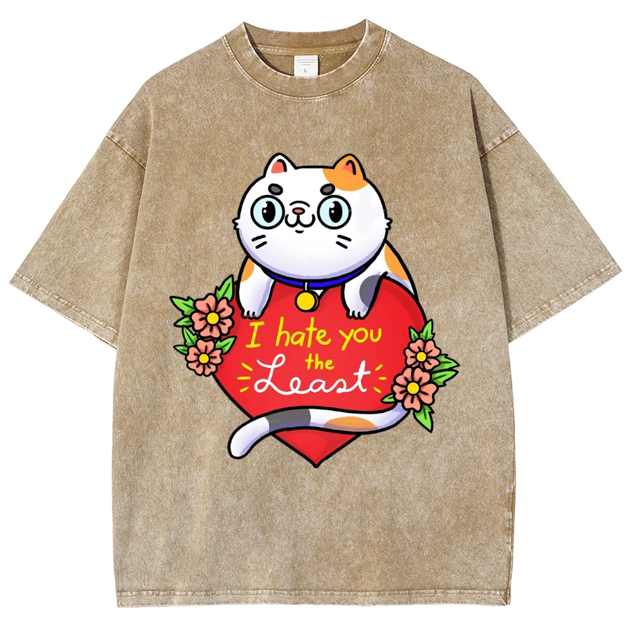 女性用キャットプリントTシャツ,ウォッシュドデニムTシャツ,ラウンドネックTシャツ,ベーシックモデル,カジュアルファッション