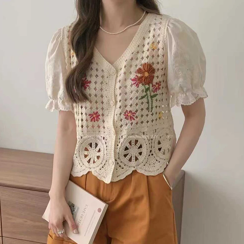 Crochet Knit Top Women Half Sleeve V-Neck Button Down Embroidery Floral Blouse Cardigan Summer Fairycore Cottagecore Outfit