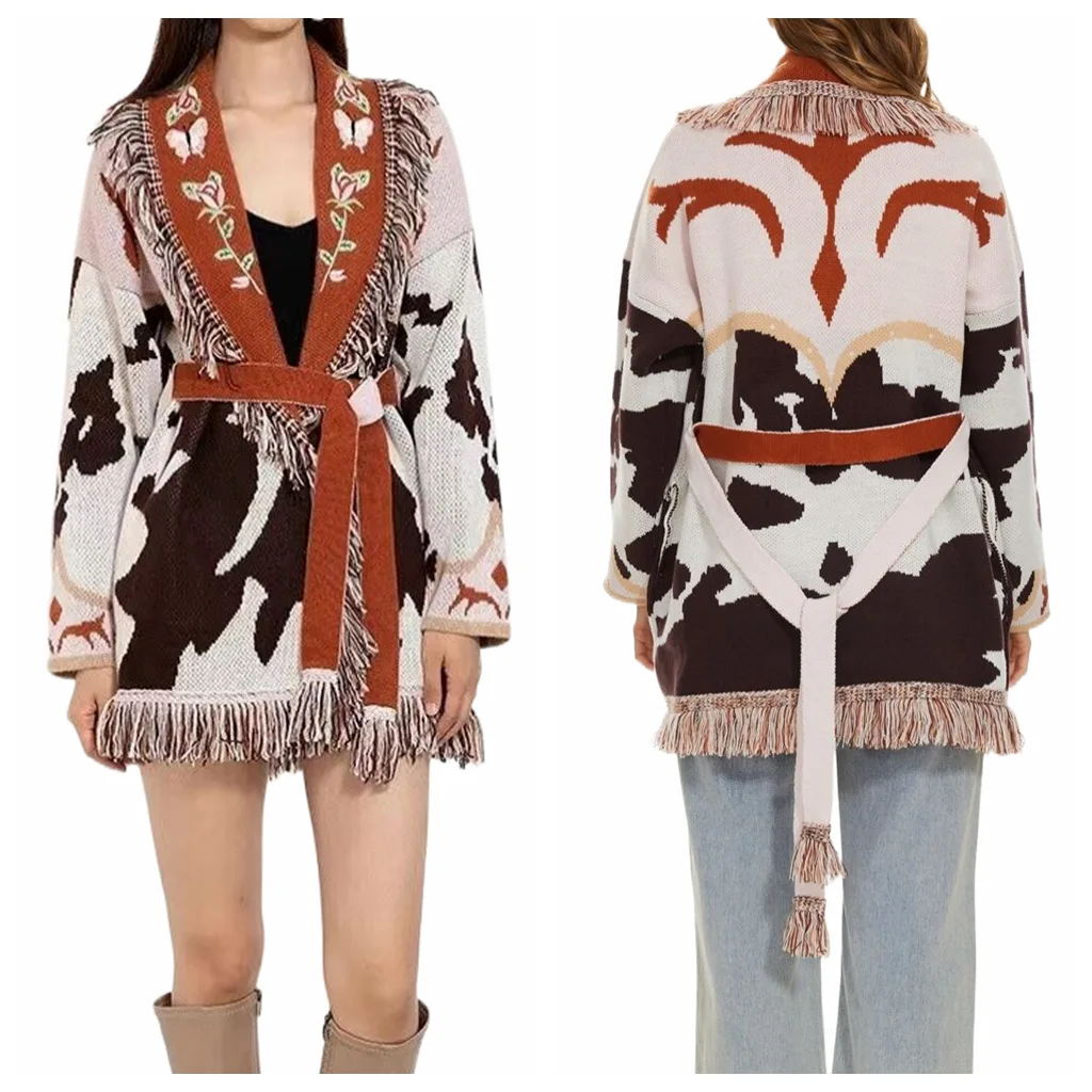 

n Embroidered Knitted Cardigan Ethnic Sle Flower Patterned Sweater Jaet Thiened Winter Long Sve Mid-Length