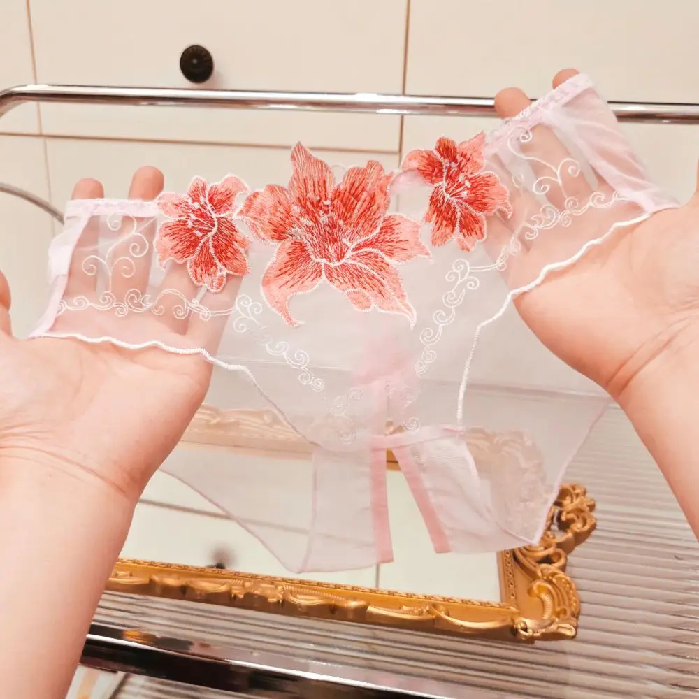 Embroidery Sexy Panties Women G String See-through Hollow Out Mesh Briefs Mid Waist Open Crotch Lace Breathable New Tangas