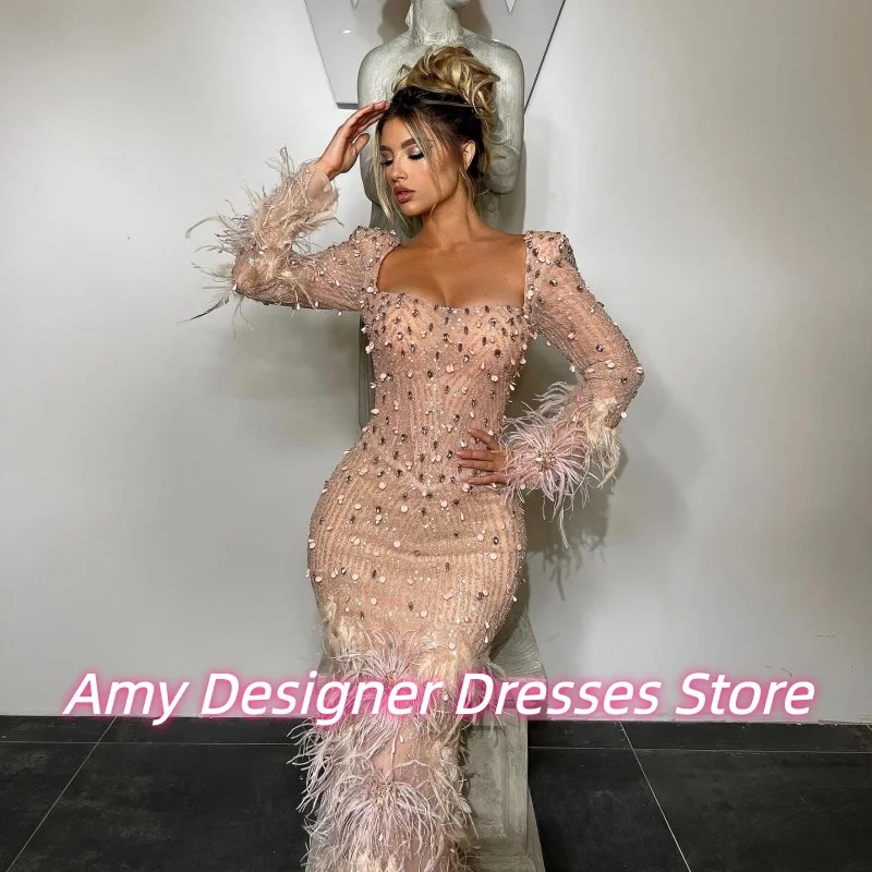فستان سهرة برقبة مربعة بلون الشمبانيا الأفريقي مع ريشة فاخرة كريستال طويل حورية البحر فساتين عشاء فساتين حفلات نسائية مخصصة #2