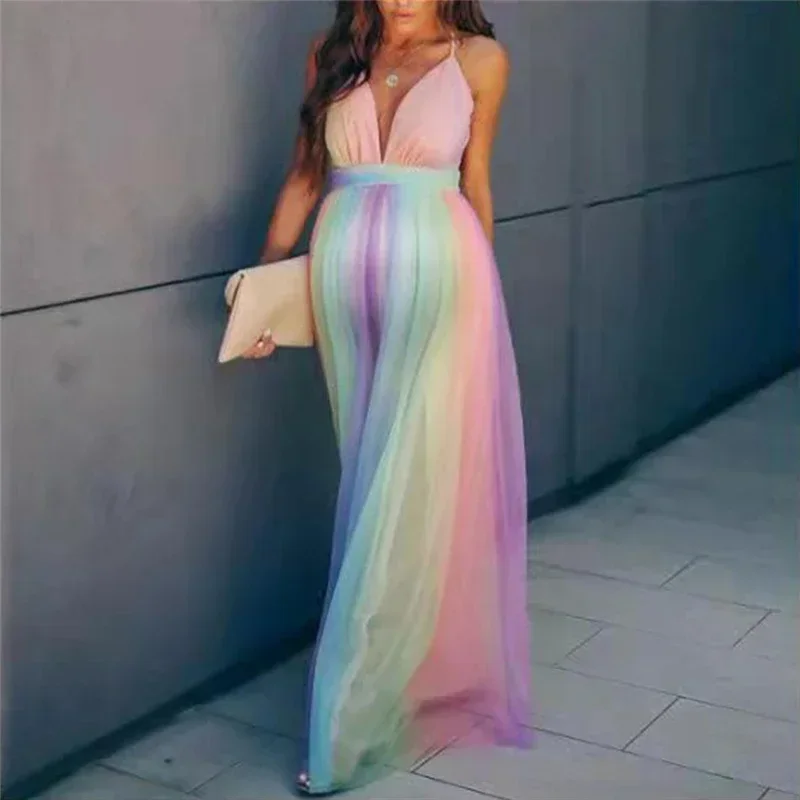 Sexy Maternity Dresses Photography Party Rainbow Tulle Pregnant Women Maxi Gown Long Pregnancy Photo Shoot Prop for Baby Showers