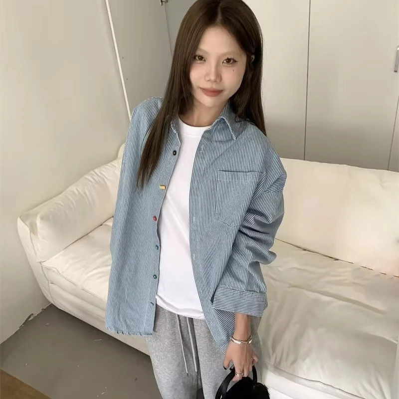 

Лето 2025 г., свободные блузки с длинными рукавами, винтажная универсальная рубашка в синюю и белую полоску, женская рубашка оверсайз, новая рубашка с лацканами, Blusas Mujer