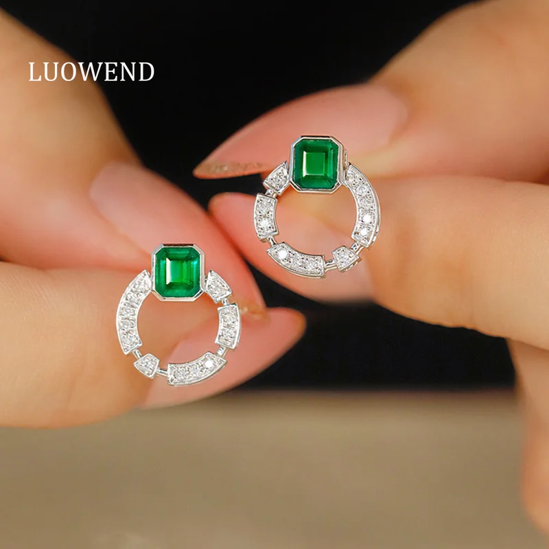 LUOWEND 18K White Gold Earrings Real Natural Diamond Natural Emerald Earrings for Women Fashion Round Shape High Wedding Jewelry