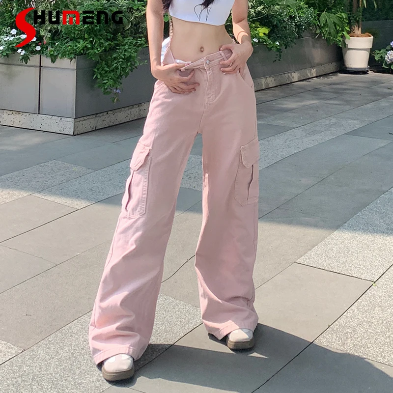 Sweet Cargo Baggy Pink Large Pockets Jeans 2024 Summer American Loose Women\'s High Waisted Straight Wide Leg Denim Mop Trousers