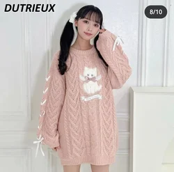 Autumn Winter 2023 Japanese Soft Glutinous Thick Kawaii Cat Knitted Dress Women Lolita Long Sleeve Oversized Mid-Length Sweater